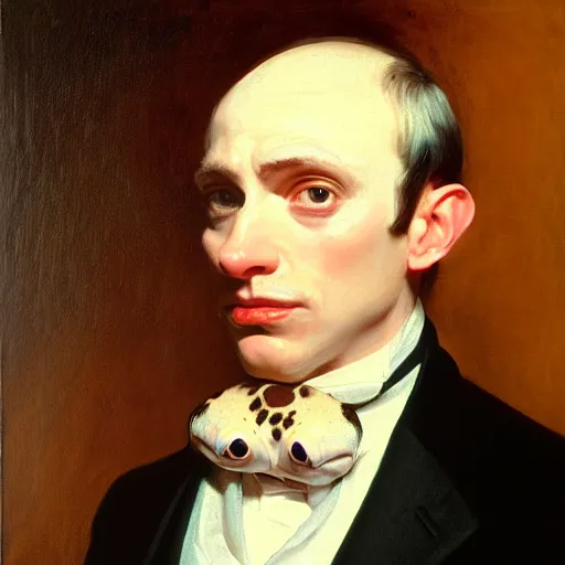 Prompt: portrait of a man wearing a black suit jacket and with amazon milk frog as his head, tan vest, and white ascot, an american romanticism painting, a portrait painting, cgsociety, soft focus, oil on canvas