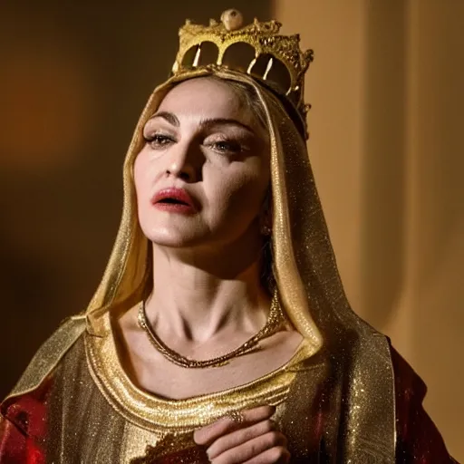 Image similar to stunning awe inspiring madonna as the female jesus christ, movie still 8 k hdr atmospheric lighting