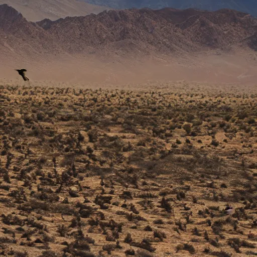 Prompt: arid winds blow across the mountains, giving flight to the birds of prey.