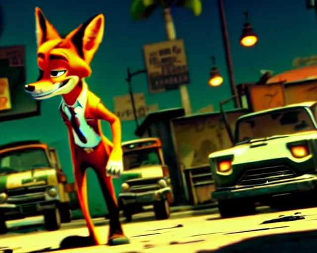 Image similar to nick wilde as max payne 3 set in gritty neo - noir zootopia, battle through the favela / furvela