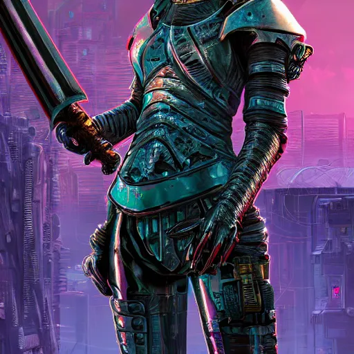 Prompt: [ grimes in medieval cyberpunk armor ]! holding a [ sword in her hand ]! looking out into the [ futuristic cyberpunk city ]!, digital art! style, trending on [ artstation ], 4 k, cgsociety contest winner, award winning, neon! lighting, neon subsurface scattering!, intricate, full - body!, volumetric lighting!