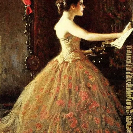 Image similar to victorian girl in ball gown absent - mind looking at her dance card, painting by alfred stevens