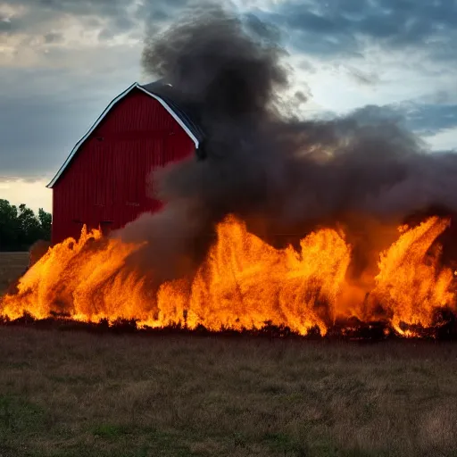 Prompt: a large Barn on fire in the stlye of 8k award winning photo