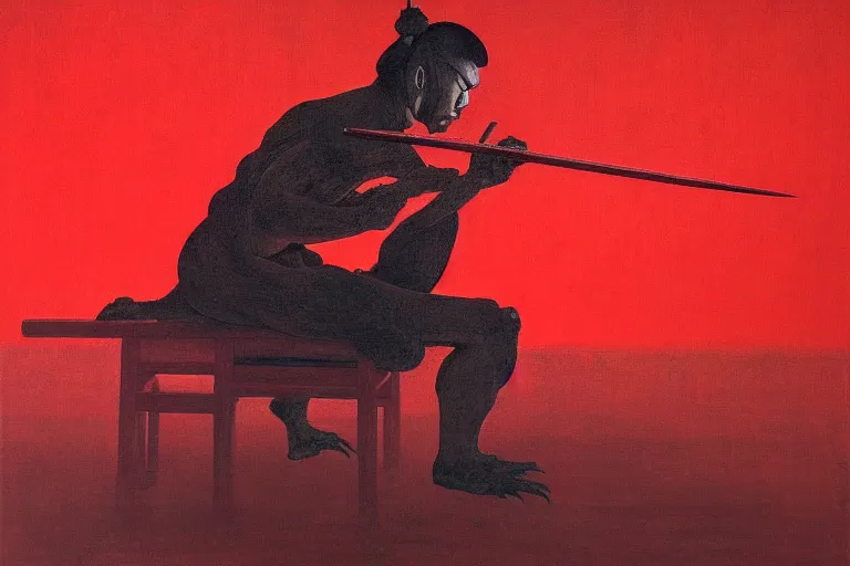 Image similar to only with red, a red samurai do seppuku, tokio, a lot of frogs watch, in the style of beksinski, parts by edward hopper, parts by rodcenko, parts by yue minjun, intricate and epic composition, red by caravaggio, insanely quality, highly detailed, masterpiece, red light, artstation, 4 k