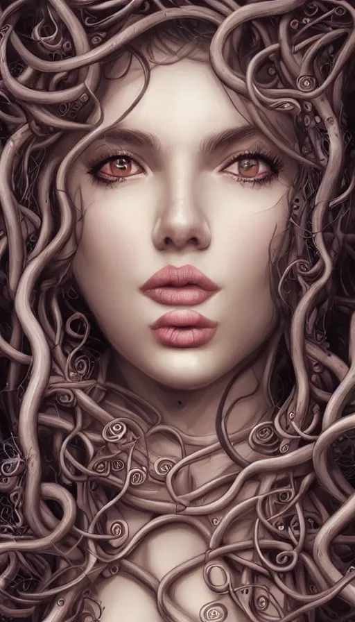 Prompt: very detailed portrait of a 2 0 years old girl surrounded by tentacles, the youg woman visage is blooming from fractal and vines, by artgerm