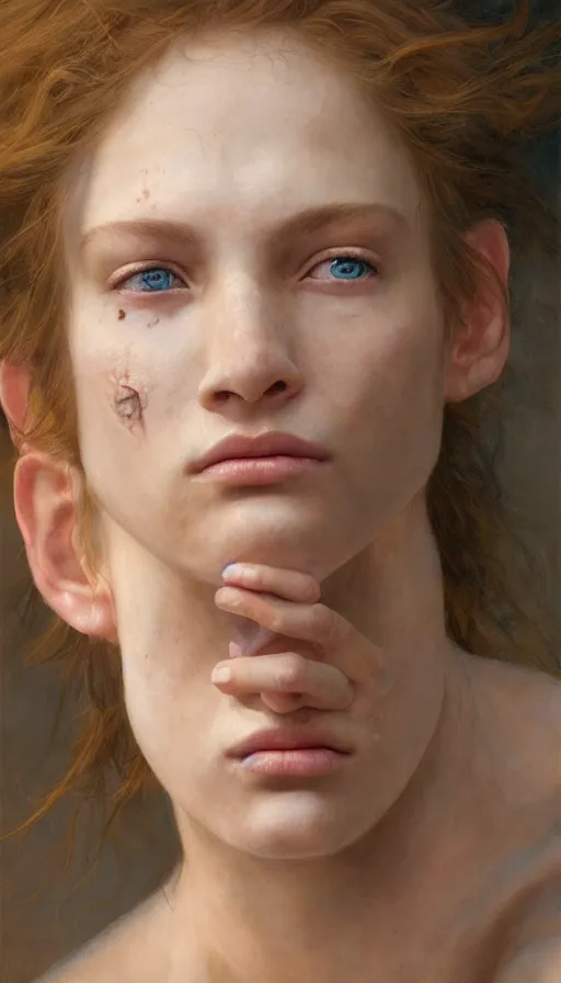 Image similar to epic masterpiece portrait firestarter, sweaty skin, hyperrealistic, octane render, cinematic, beautiful face and flawless skin, perfect hands, 5 fingers, by Edgar Maxence and Ross Tran and Michael Whelan, Legends of Runeterra