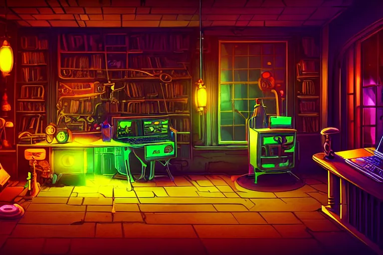 Prompt: A mouse is working on a computer in a Gothic atelier, detailed, colorful, glowing lighting, 4k, dimly lit, in the style of vintage Disney 90s retro future,