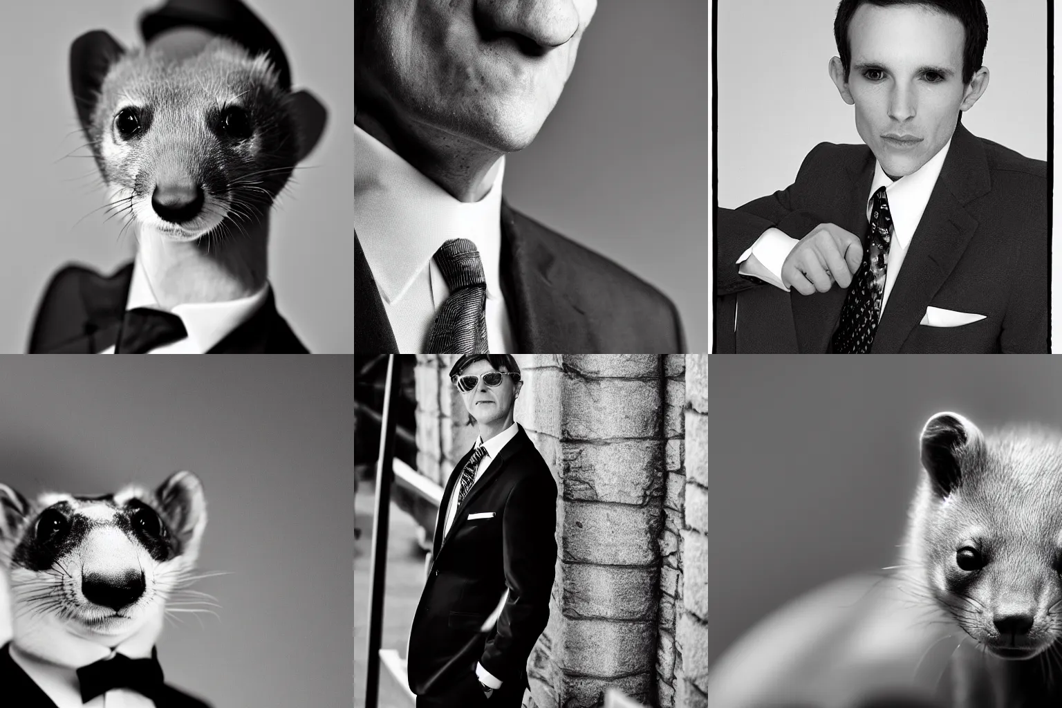 Prompt: B&W portrait of a weasel in a suit