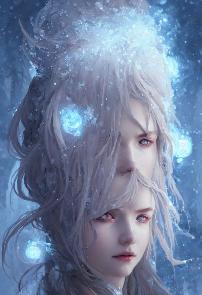 Image similar to beautiful ancient frost witch, eye fire, snow glow, snowfall, highly detailed, digital painting, artstation, sharp focus, illustration, art by tan zi and ayanamikodon and alphonse mucha and wlop