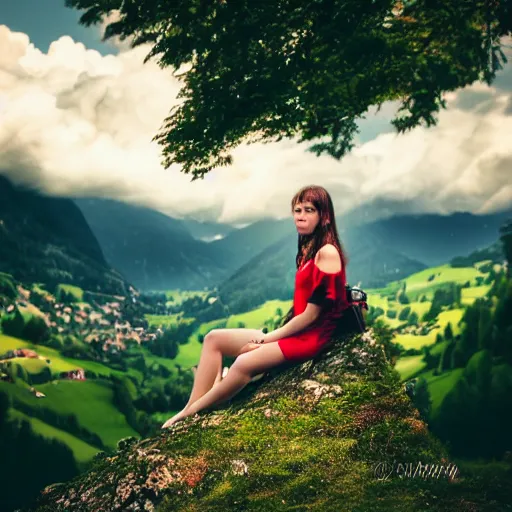 Image similar to a beautiful photograph of a girl with switzerland landscape in the background with trees, hdr, 8 k, high quality, sharp focus, artstation, highly detailed, award - winning, dramatic lighting, beautiful clouds, and nature