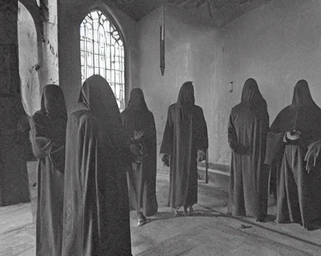 Prompt: cultists dressed in robes with masks and gloves, burnt church interior, ceremonial, realistic photo, cctv footage, investigative footage - n 9 - h 3 8 4