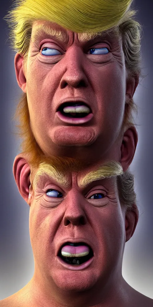 Prompt: hyperrealistic mixed media painting of Trump as a Norwegian Troll doll, stunning 3d render inspired art by P. Craig Russell and Barry Windsor-Smith + perfect facial symmetry + dim volumetric lighting, head and shoulders, serious expression, 8k octane beautifully detailed render, post-processing, extremely hyperdetailed, intricate, epic composition, grim yet sparkling atmosphere, cinematic lighting + masterpiece, trending on artstation, very detailed, masterpiece, stunning