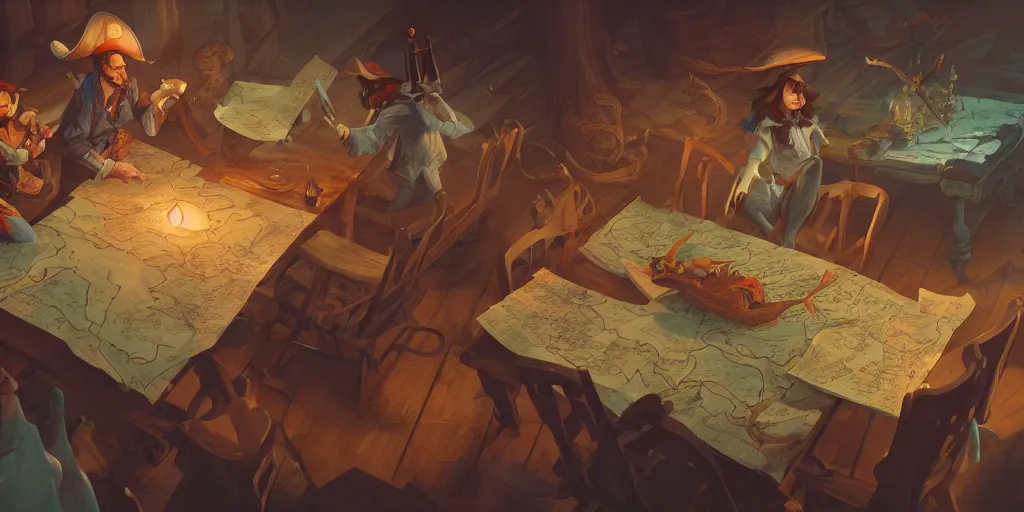 Prompt: unrolled old pirate map on a wooden table, mattepainting concept Blizzard pixar maya engine on stylized background splash comics global illumination lighting artstation lois van baarle, ilya kuvshinov, rossdraws