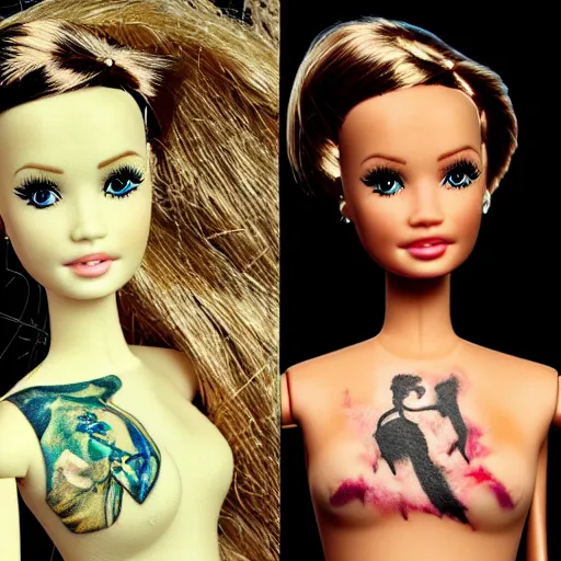 Image similar to photorealistic barbie with tattoos and torn clothes. painting by stanley lau and mc escher masterpiece