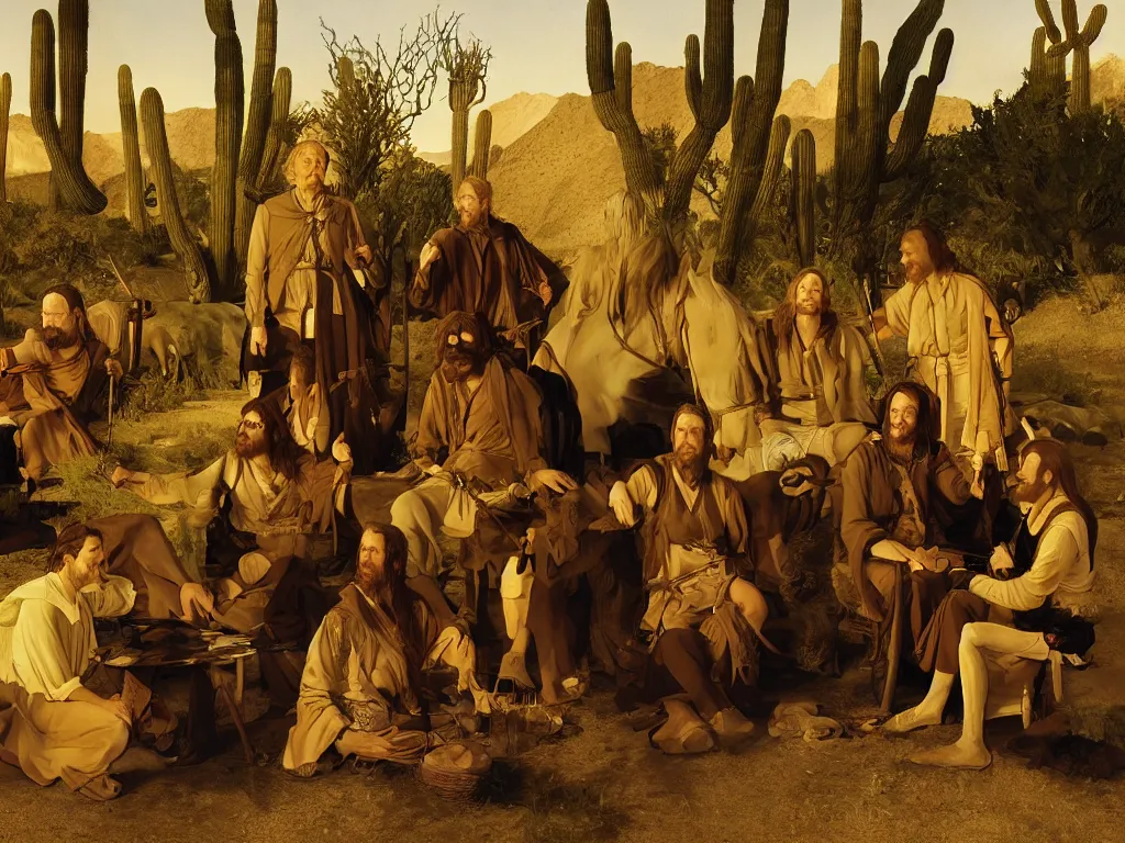 Image similar to portrait of the fellowship of the ring, in a desert oasis, painting by georges de la tour