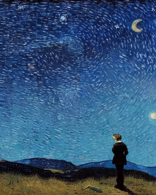 Image similar to a person looking at the night sky with stars, colorful, beautiful, national geographic, very detailed, astrophotography, oil painting, canvas, Vincent van Gogh, Caspar David Friedrich, Theodor Kittelsen, Albert Bierstadt