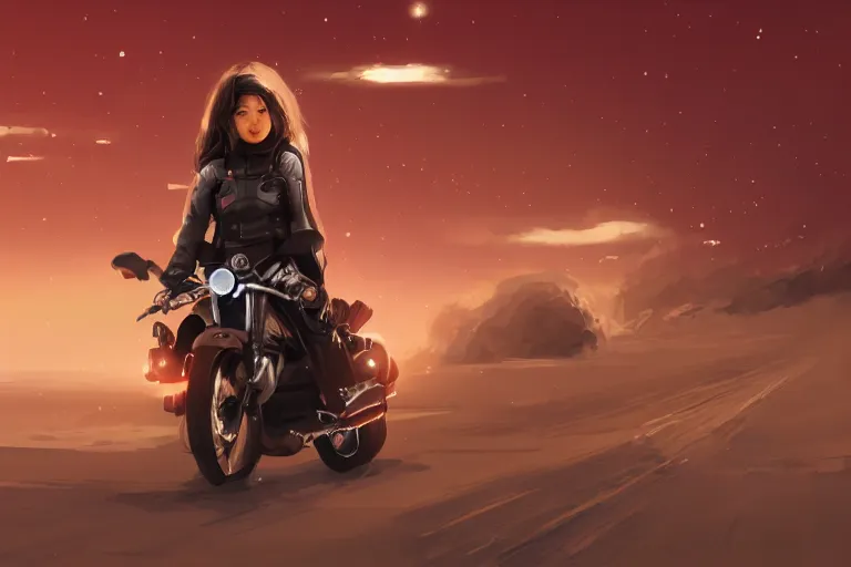 Prompt: a girl is riding a motorbike, digital painting, artstation, the space background,concept art, illustration,