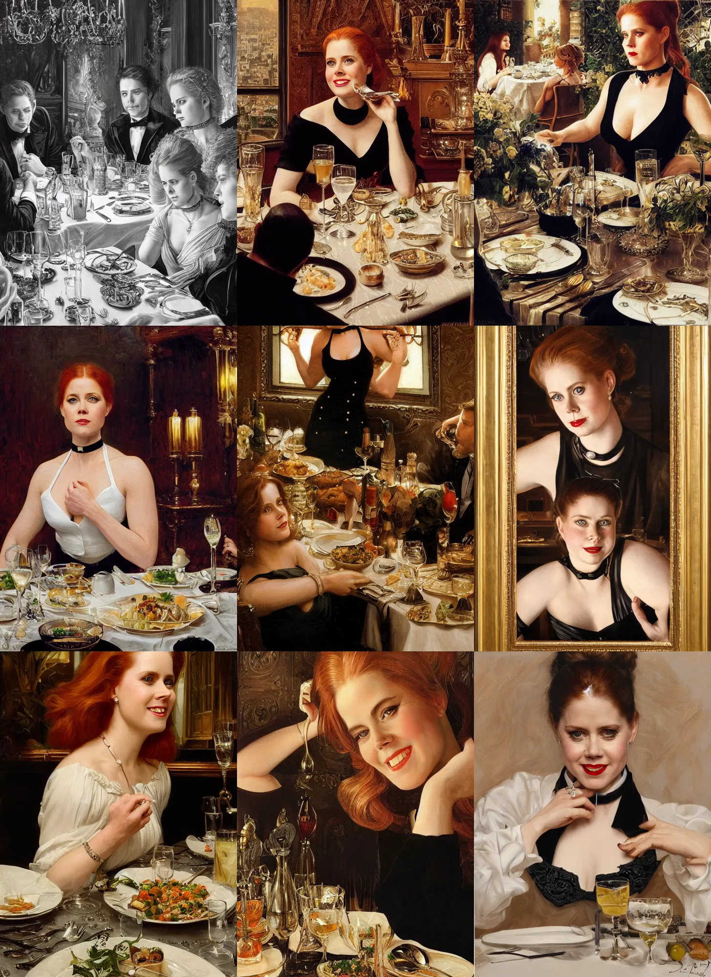 Prompt: dinner with amy adams smiling sitting across the camera wearing a black choker staring into the camera in an expensive private restaurant, 1 9 7 0 s, intricate, elegant, tasteful, highly detailed, shallow depth of field, artgerm, donato giancola, joseph christian leyendecker
