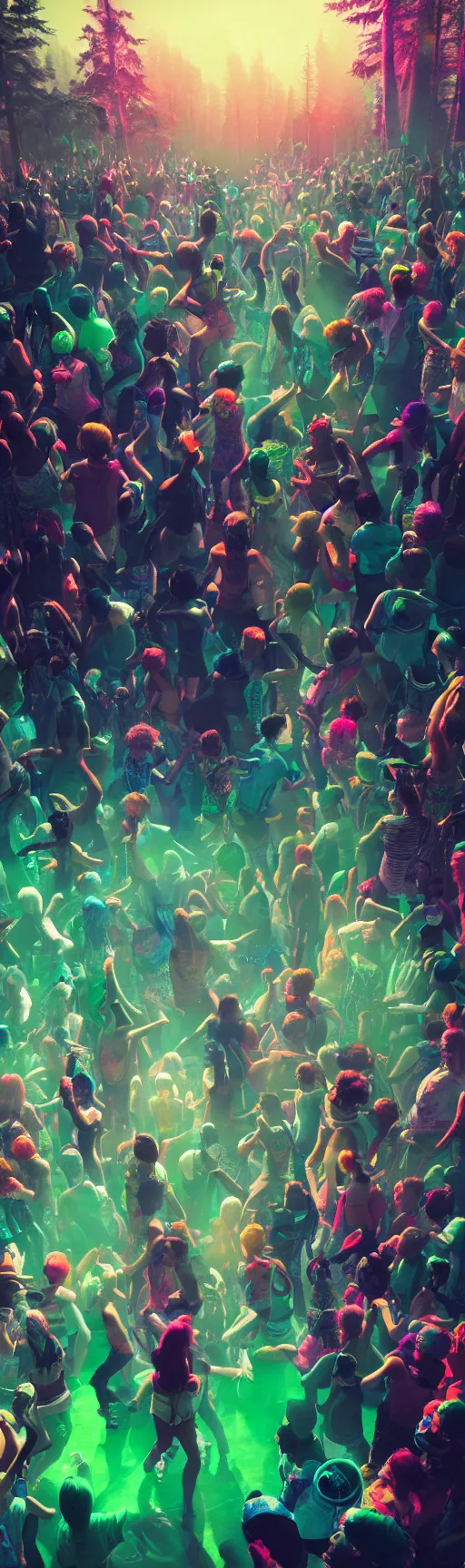 Prompt: a crowd of multicolored people dancing at a rave in the redwoods with a dj on stage by akihiko yoshida and tim mcburnie and anato finnstark, masterpiece, portrait, vibrant, cybernetics, wide angle, blue green skies