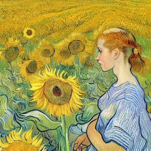 Image similar to a girl in amazing tall sunflower field, her hair flowing down, subtle, intricate details, real masterpiece, oil on canvas, by vincent van gogh