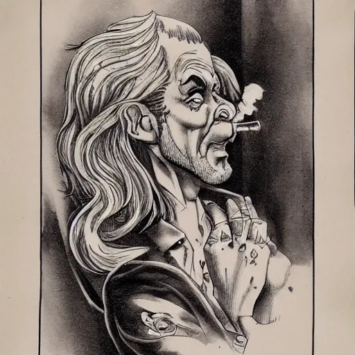 Image similar to highly detailed figure of a person with long white hair coming out from a smoking pipe, comic art, tattoo art, intricate, elegant.