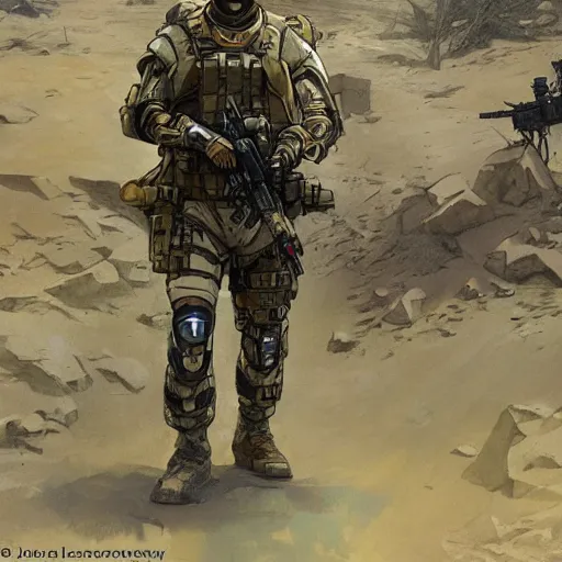 Image similar to Hector. USN special forces recon operator in near future gear, cybernetic enhancement, on patrol in the Australian neutral zone, Barren landscape. 2087. Concept art by James Gurney and Alphonso Mucha