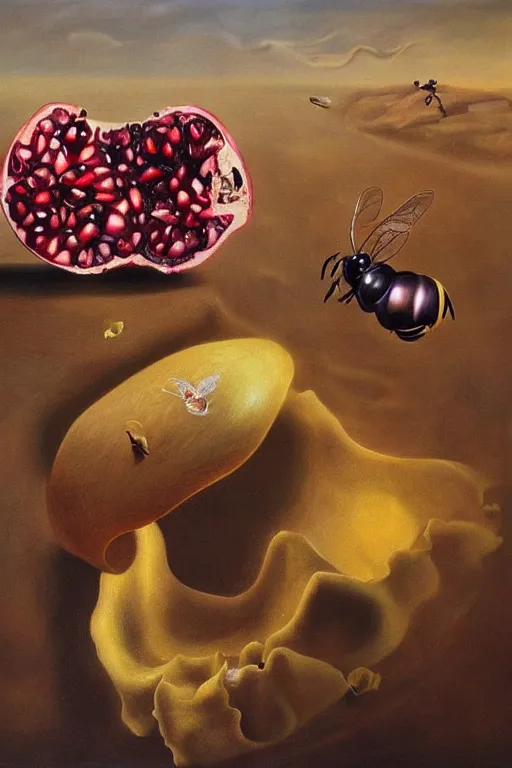 Prompt: a dream within a dream within a dream caused by the flight of a bee around a pomegranate a second before waking by salvador dali, hyperrealistic oil painting, trending on artstation, hyperdetailed, masterpiece
