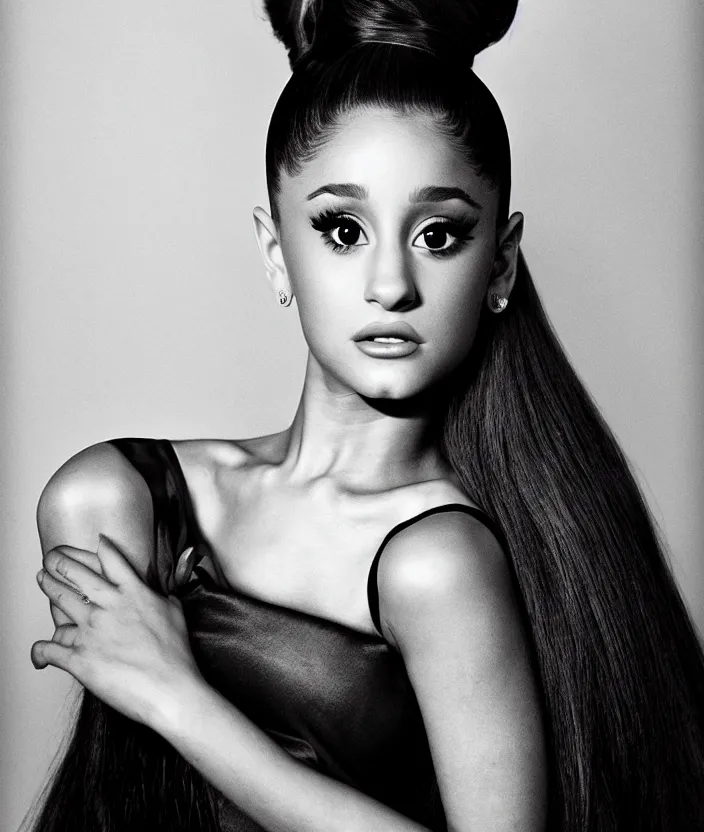 Image similar to award winning photo of Ariana Grande on a chesterfield lounge, symmetrical face, beautiful eyes, studio lighting, wide shot art by Sally Mann & Arnold Newman