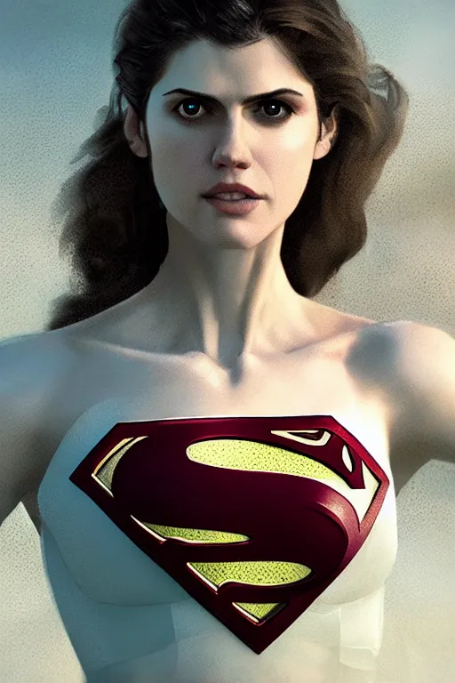 Image similar to a fancy close up of Man of Steel cast as Alexandra Daddario by Greg Rutkowski, Sung Choi, Mitchell Mohrhauser, Maciej Kuciara, Johnson Ting, Maxim Verehin, Peter Konig, 8k photorealistic, cinematic lighting, HD, high details, dramatic, trending on artstation, full body shot