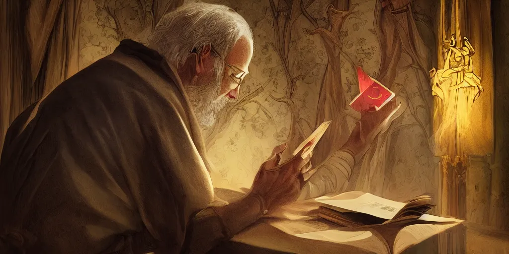 Prompt: priest doing a tarot reading, cards, fantasy, digital art, soft lighting, medium close up, highly detailed, 4 k