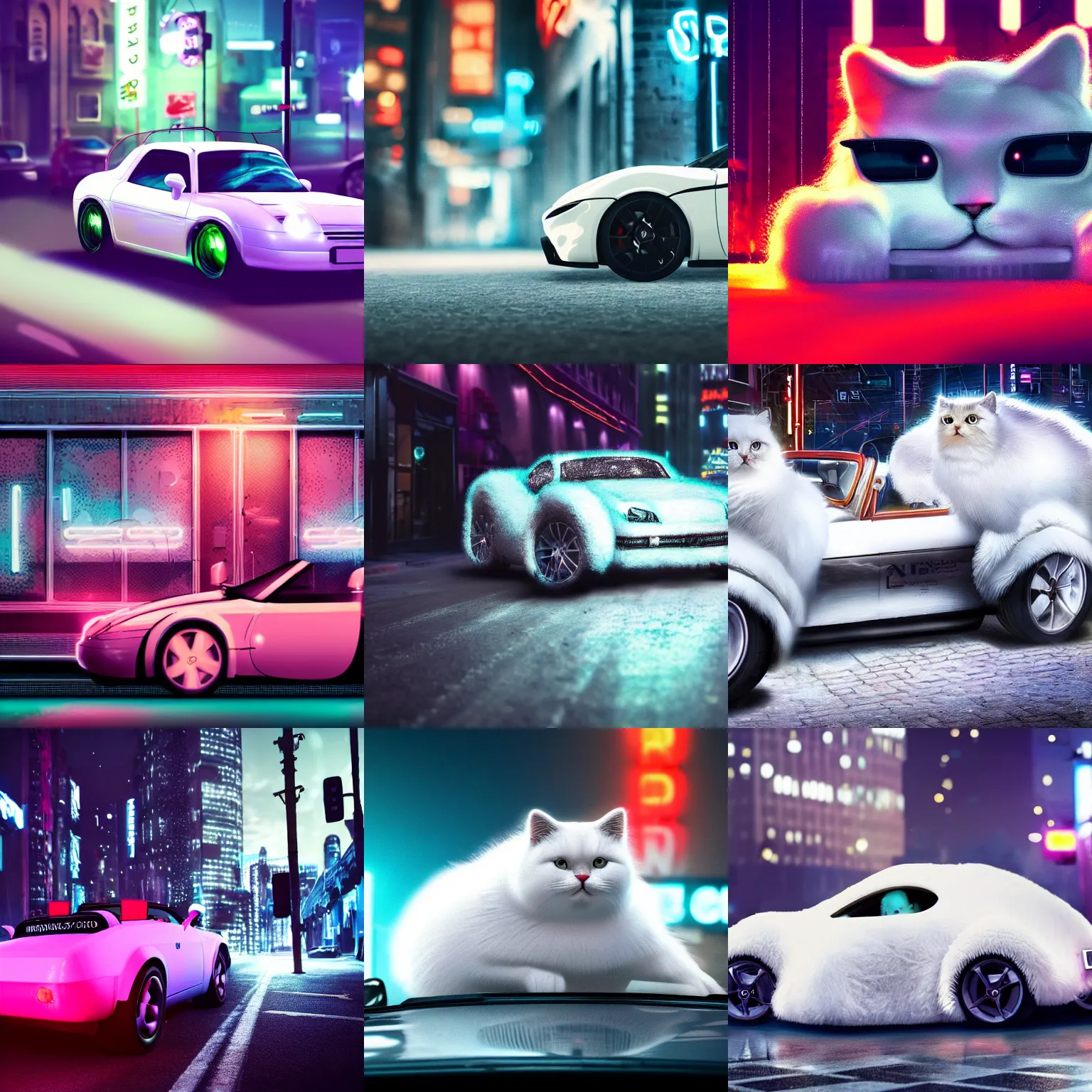 Prompt: a fluffy roadster covered with white fur in the style of a British Shorthair cat, parking in the street, Cyberpunk, neon light, front view, 4k, hd, highly detailed