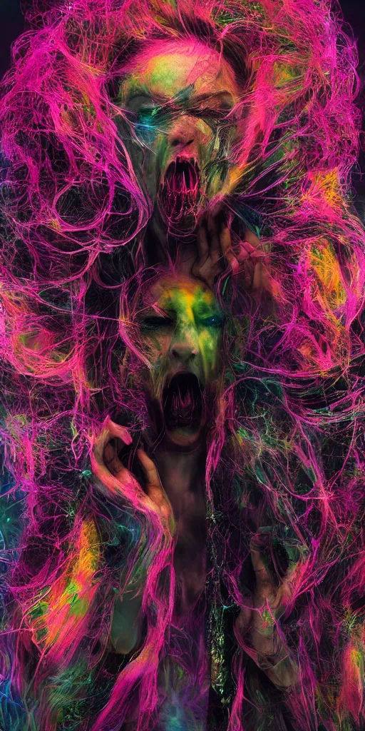 Image similar to impossibly beautiful vampire with large vampire fangs, full body, intricate complexity, surreal horror, psychedelic glitch art, rainbow drip paint, trending on art station, photoreal, 8k, octane render