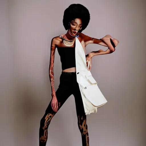 Image similar to realistic photoshooting for a new balenciaga lookbook, vhs colour photography, portrait of model Winnie Harlow woman, in style of Tyler Mitchell, 35mm,