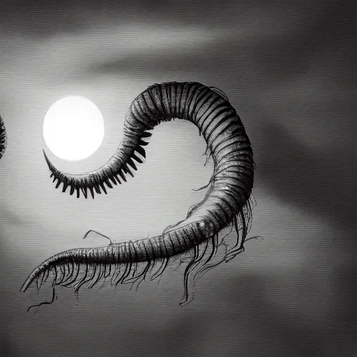 Prompt: eldritch worm swallowing the sun, noir, terror, 4 k, digital art