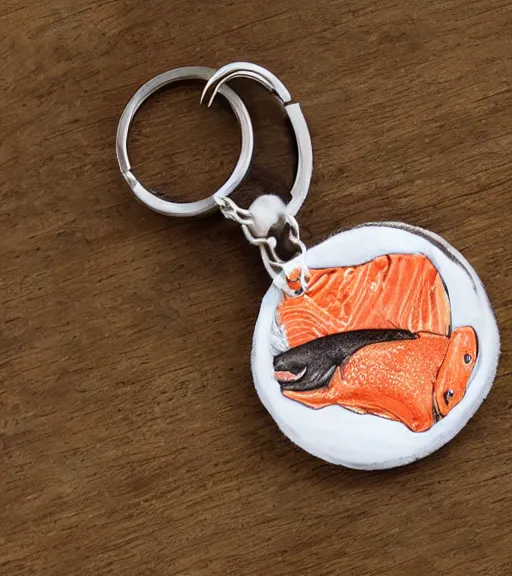 Image similar to realistic keychain of a bear eating a salmon under the northern lights