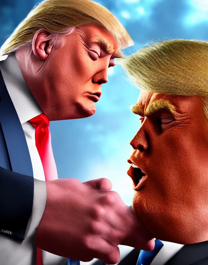 Image similar to Donald Trump punches hulk, hyper realism, high detail, octane render, 8k, depth of field