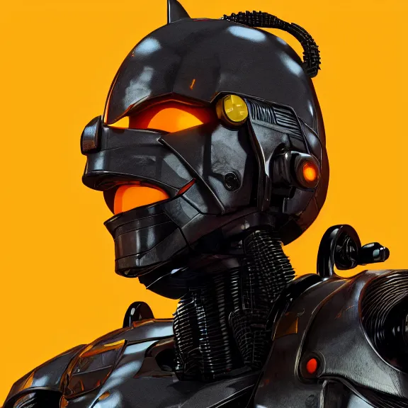 Image similar to a portrait of a angry cybernetic robocop samurai demon character, yellow background, unreal engine, octane render, artstation, digital art.