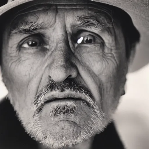 Image similar to portrait, extreme close up, sepia, beautiful light - dennis hopper, stares at the camera, night sky, stars, bruce gilden, leica s, fuji 8 0 0, grainy, low light