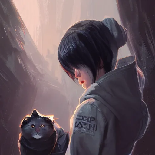 Prompt: a pale skinny white young girl, black hair, the hime cut, in a black hoodie, and two cats, apex legends character, digital illustration portrait design, by android jones and greg rutkowski, retrowave color scheme, detailed, cinematic lighting, wide angle action dynamic portrait