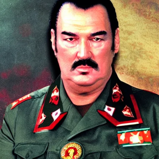 Image similar to Steven Seagal dressed as a soviet commander, realistic portrait.