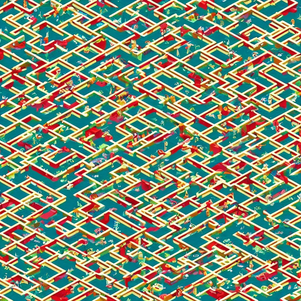 Prompt: wimmelbilder maze made of cartoon rug roads, isometric, very sharp