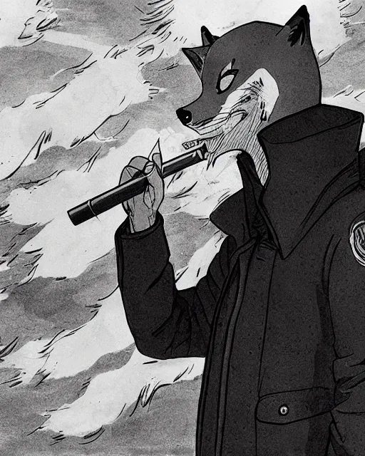 Image similar to a fox in a black trench - coat, smoking a cigarette in front of a huge explosion in the middle of a war, style of anime