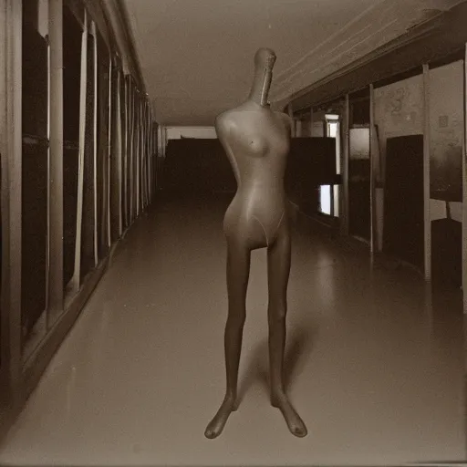 Prompt: cursed Photograph of an old black room full of mannequins, dust in the air, brown wood cabinets, SCP, taken using a film camera with 35mm expired film, bright camera flash enabled, award winning photograph, sleep paralysis demon crabwalking towards camera, creepy, liminal space, in the style of the movie Pulse, heavy film grain and scratches