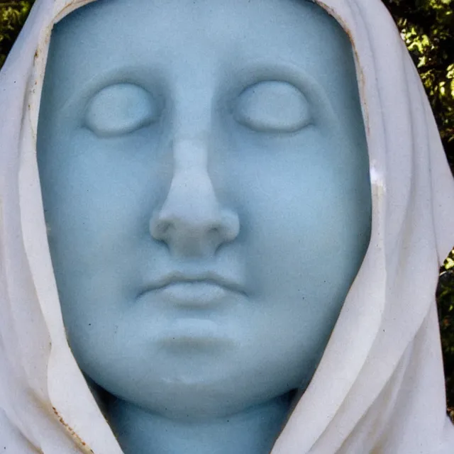 Prompt: closeup of white mother mary statue crying, pictured slightly from below, clear sky with blue clouds in background, vintage polaroid