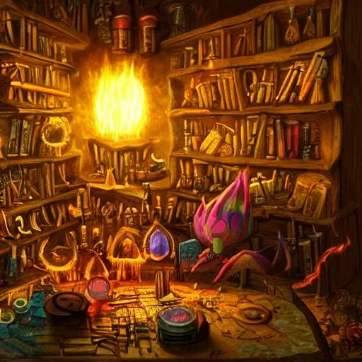 Image similar to these monsters are consumed by fire, yet they remain unharmed. they are surrounded by the tools of the alchemist's trade - beakers and test tubes full of colorful liquids, crystals, and books of ancient knowledge. the scene is suffused with an eerie glow, as if something magical is happening here. cinematic photorealistic