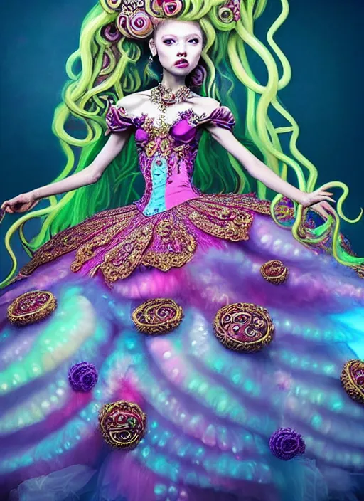 Image similar to A full body shot of a cute and mischievous monster princess with hair made of tentacles wearing an ornate ball gown covered in jewels. Dynamic Pose. Quinceanera dress. Rainbow palette. rainbowcore. Eldritch Beauty. defined facial features, symmetrical facial features. Opalescent surface. beautiful lighting. By Giger and Ruan Jia and Artgerm and WLOP and William-Adolphe Bouguereau. Photo real. Hyper-real. Photorealism. Fantasy Illustration. Sailor Moon hair. Masterpiece. trending on artstation, featured on pixiv, award winning, cinematic composition, dramatic pose, sharp, details, Hyper-detailed, HD, HDR, 4K, 8K.