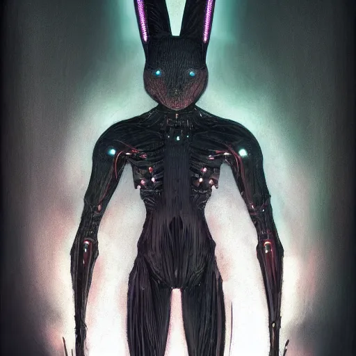 Prompt: humanoid black rabbit cyborg with outstretched head read the news, cartoon soft fluorescent fluffy eyes, translucent neon skin, mix styles of tsutomu nihei, video game art, battle scene, zdzisław beksinski and giger, in full growth, no blur