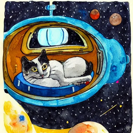 Prompt: cat taking a nap in a space station, watercolor, vibrant, very detailed.