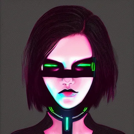 Prompt: headshot digital artwork of cyberpunk woman wearing thick black choker around neck, collar on neck, realistic, artstation, punk woman, cyberpunk style, neon,