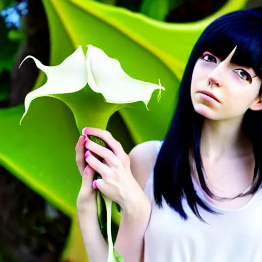 Image similar to pale anime girl with black hair, holding brugmansia flower in her hand, colour